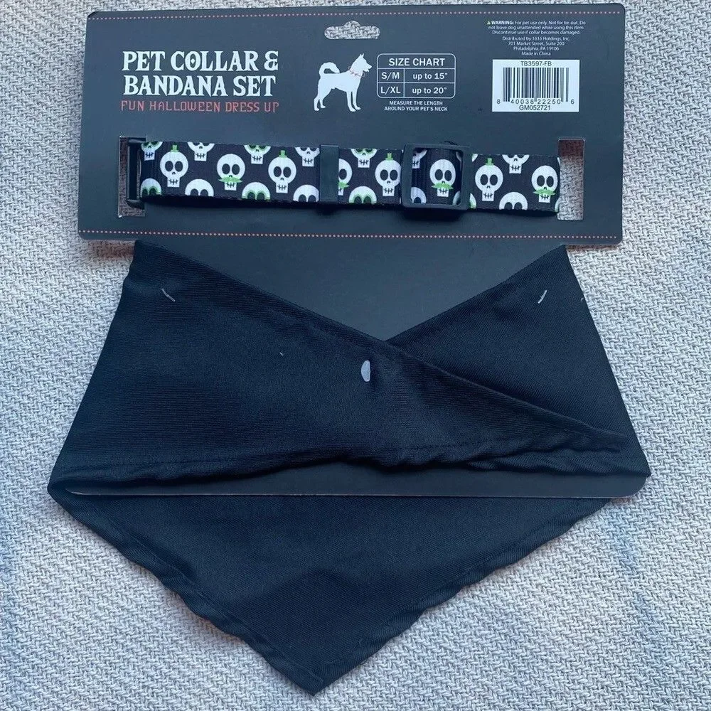 Creep it Real Dog Matching Collar Bandana Set NWT L/XL Black Skull Gift